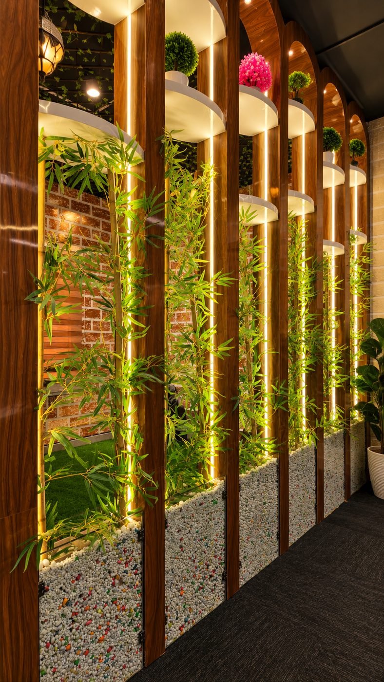 Bamboo corridor with backlit arches at the Rejoice studio
