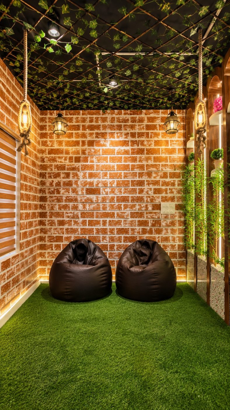 Brick lounge with bean bags on artificial grass